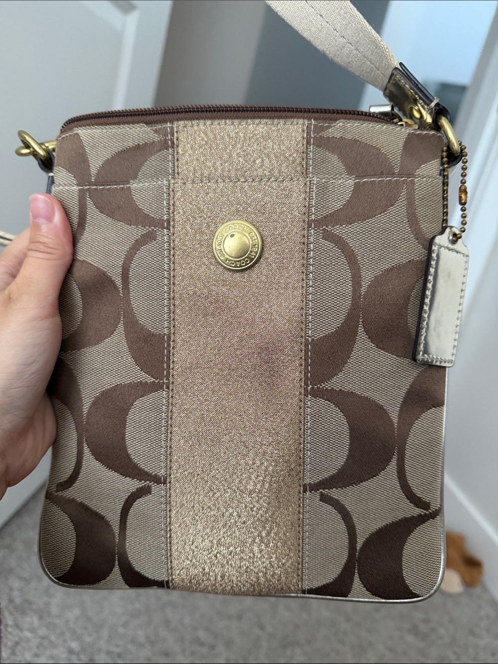 Coach Khaki and Brown Signature Crossbody Bag